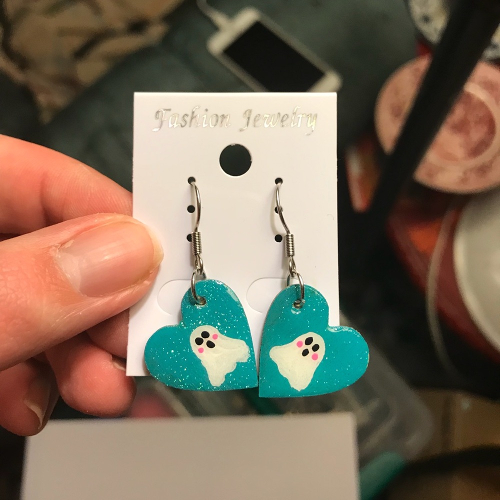 Aqua ghost hand painted earrings